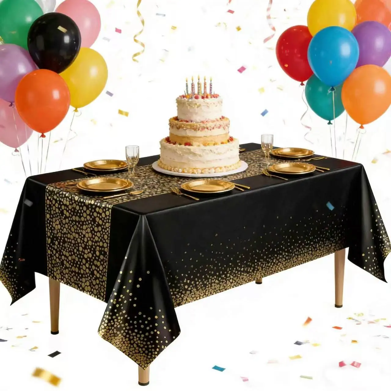 Gold Party Tablecloth, Sparkle Birthday Atmosphere, Polka Dot Design, Rainbow Color Collision, 10pcs Set for Celebrations