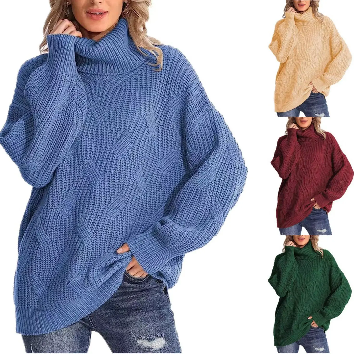 Europe, America, autumn and winter turtleneck twisted knitted sweater women's pullover long-sleeved sweater Knitwear Womenswear