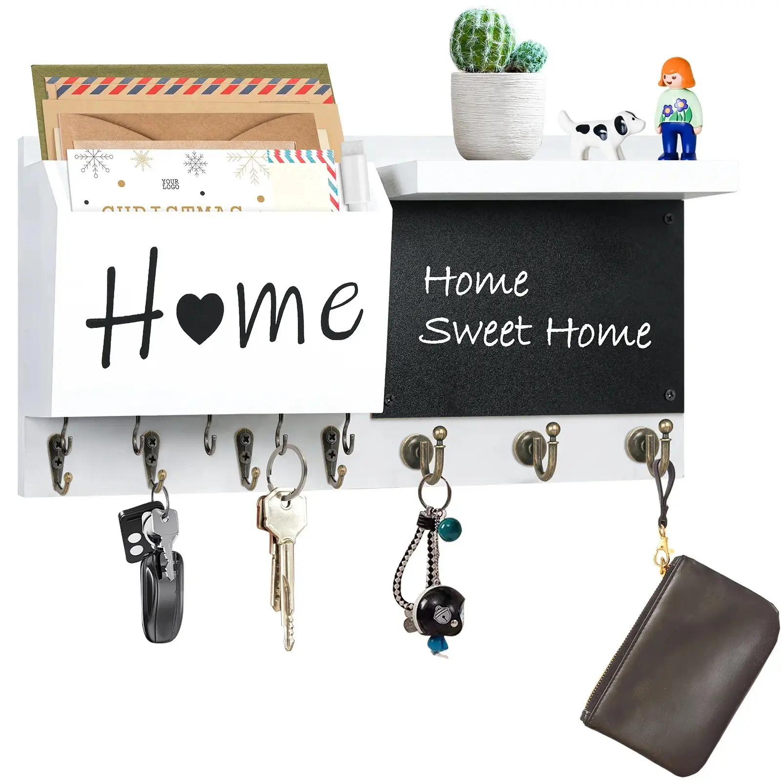 12-Hook Wall-Mounted Wooden Keychain Organizer with Chalkboard Mail Slot, Metal Shelf & Built-in Marker, 14.6 x 7.1 x 3.3 inches Space-Saving Country Style Hanging Home Decor for Entryway, Memorial Day Deals