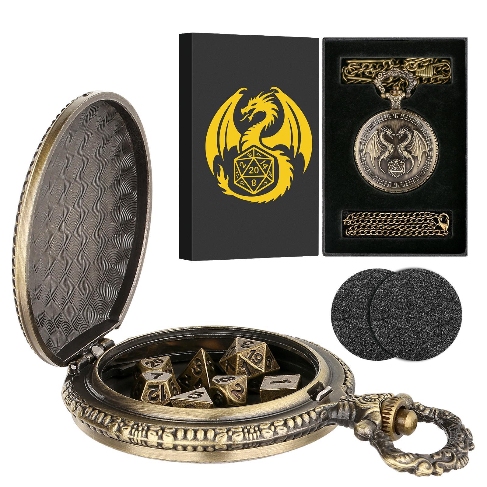Durable Dragon Pattern Dice Set, Dnd Metal Dice, Polyhedral Dice Set, 1 Set Dice with Chain & Watch Case, Role Playing Game Accessories, Tabletop Games for Party, Family, Friends