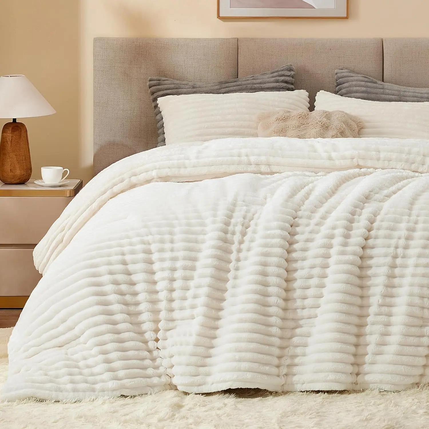 Fleece Full Comforter Set -Super Soft & Warm Fluffy Cream White Bedding, Luxury Fuzzy Heavy Bed Set for All Season with 2 Pillow Cases