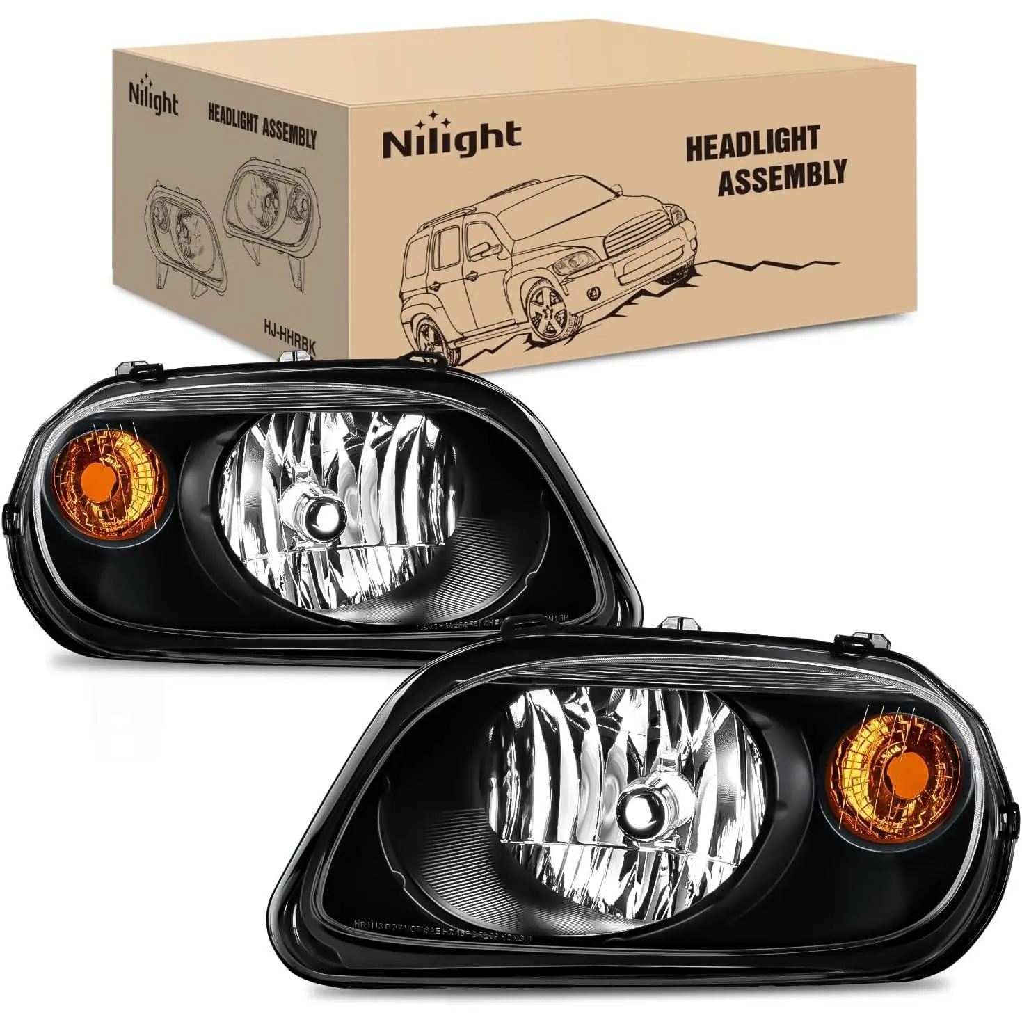 Nilight Headlight Assembly Compatible with 2006 2007 2008 2009 2010 2011 Chevy HHR Halogen Type Factory OE Style Chevrolet HHR Replacement Black Housing Amber Reflector Passenger and Driver Side