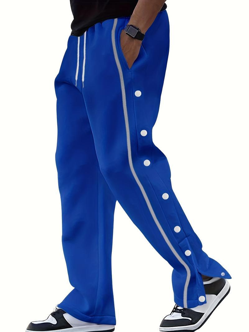 Men's Casual Polyester Pants, Solid Color, Side Stripes and Button Details, Regular Fit, Drawstring, Suitable for All Seasons, Comfortable and Fashionable for Adults
