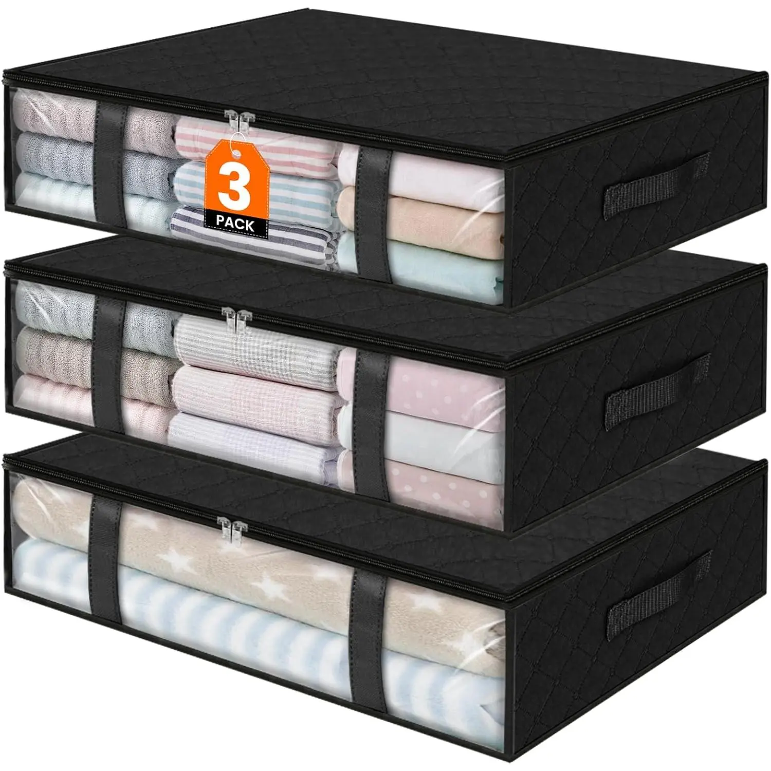 Under Bed Storage Bins, 3-Pack 40L Foldable Fabric Storage Bags with Transparent Window, Breathable Organizer for Clothes/Blanket/Comforter/Quiltr, Black