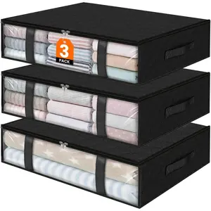 Under Bed Storage Bins, 3-Pack 40L Foldable Fabric Storage Bags with Transparent Window, Breathable Organizer for Clothes/Blanket/Comforter/Quiltr, Black