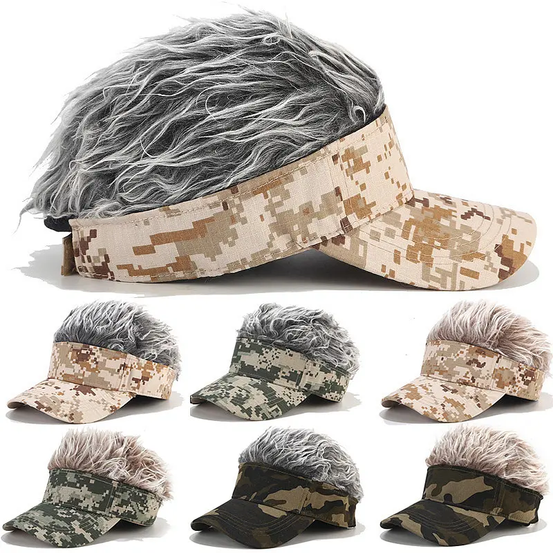 Camo Sun Visor Hat With Fake Hair For Men Women Funny Wig Spikey Toupee Cap Adjustable Novelty Golf Outdoor Party Gifts