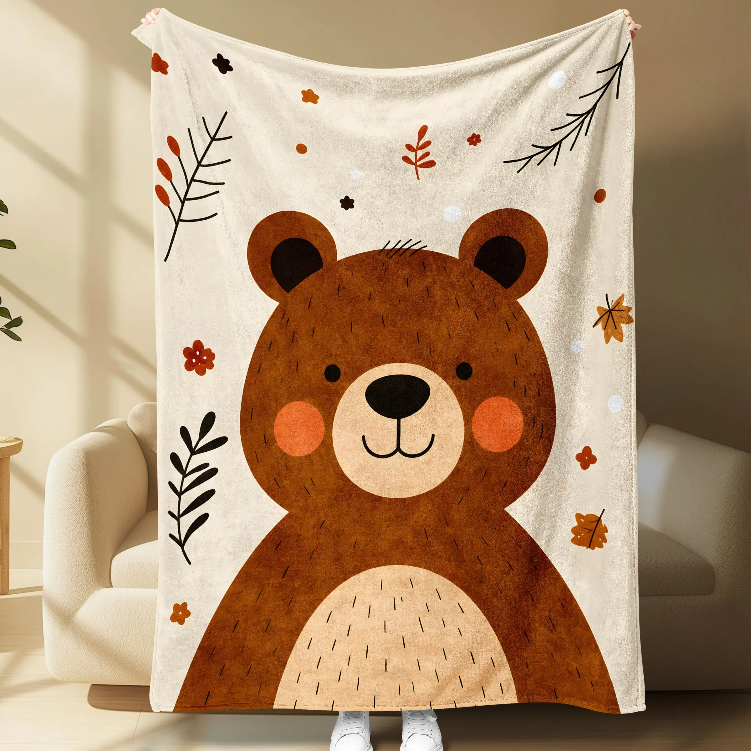 Cute Bear Flannel Throw Blanket, Soft Cozy Warm Fleece for Couch Sofa Bed, Home Decor Gift for Kids Room Nursery