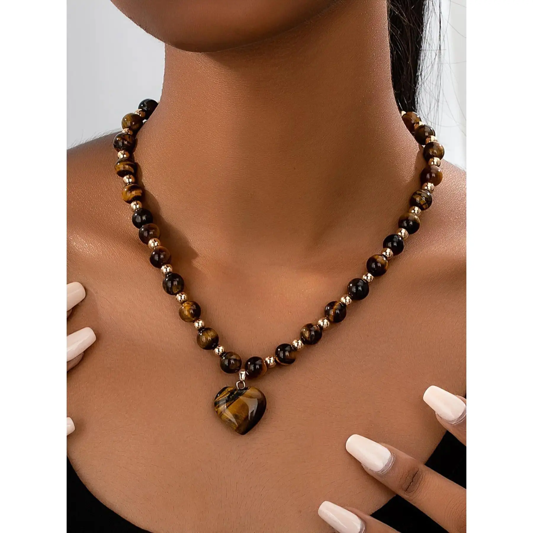 Fashion Natural Tiger Eye Necklace - Exquisite Heart-Shaped Stone Pendant, Unique Design Trendy Crystal Jewelry & Daily Accessory Gift for Women