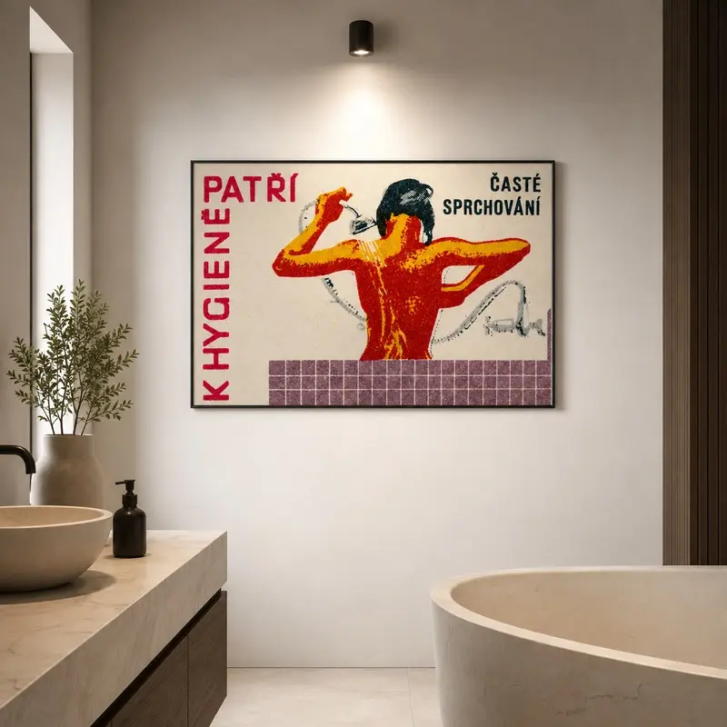 Woman Showering Matchbox Print, Aesthetic Wall Art, Vintage Czech Art, Matchbox Wall Poster, Vintage Poster Print, Vintage Room Decor, Unique Decor, Summer Home Decor, Girly Room Accessories, Retro Bathroom Art, European Wall Art, Eclectic Decor