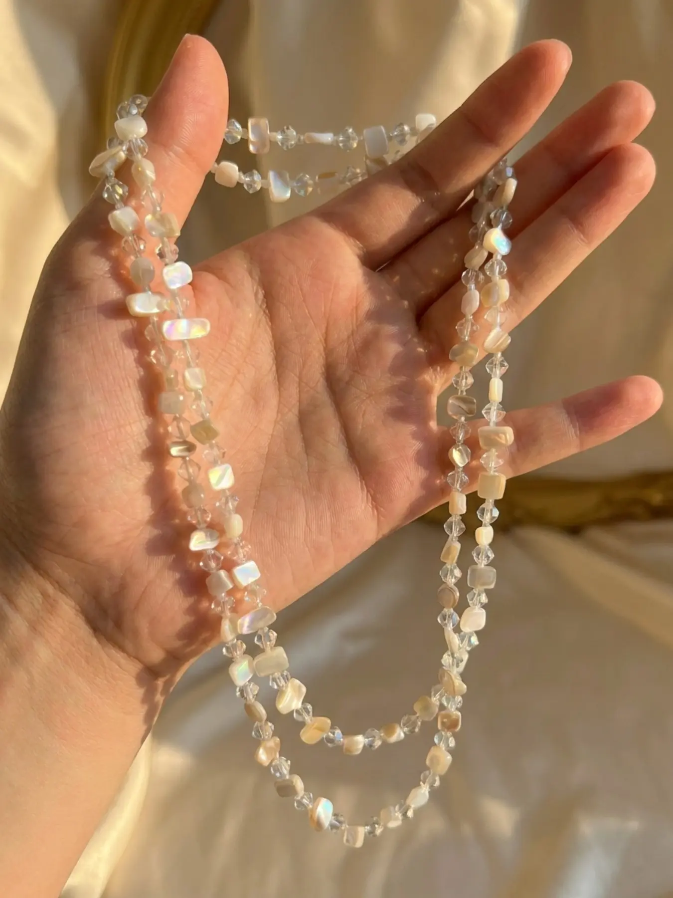 Double Layer Butterfly Shell Crystal Necklace, French Chic Style, Natural Square Shell & Transparent Crystal Beads, Cool Commute Collar Chain
