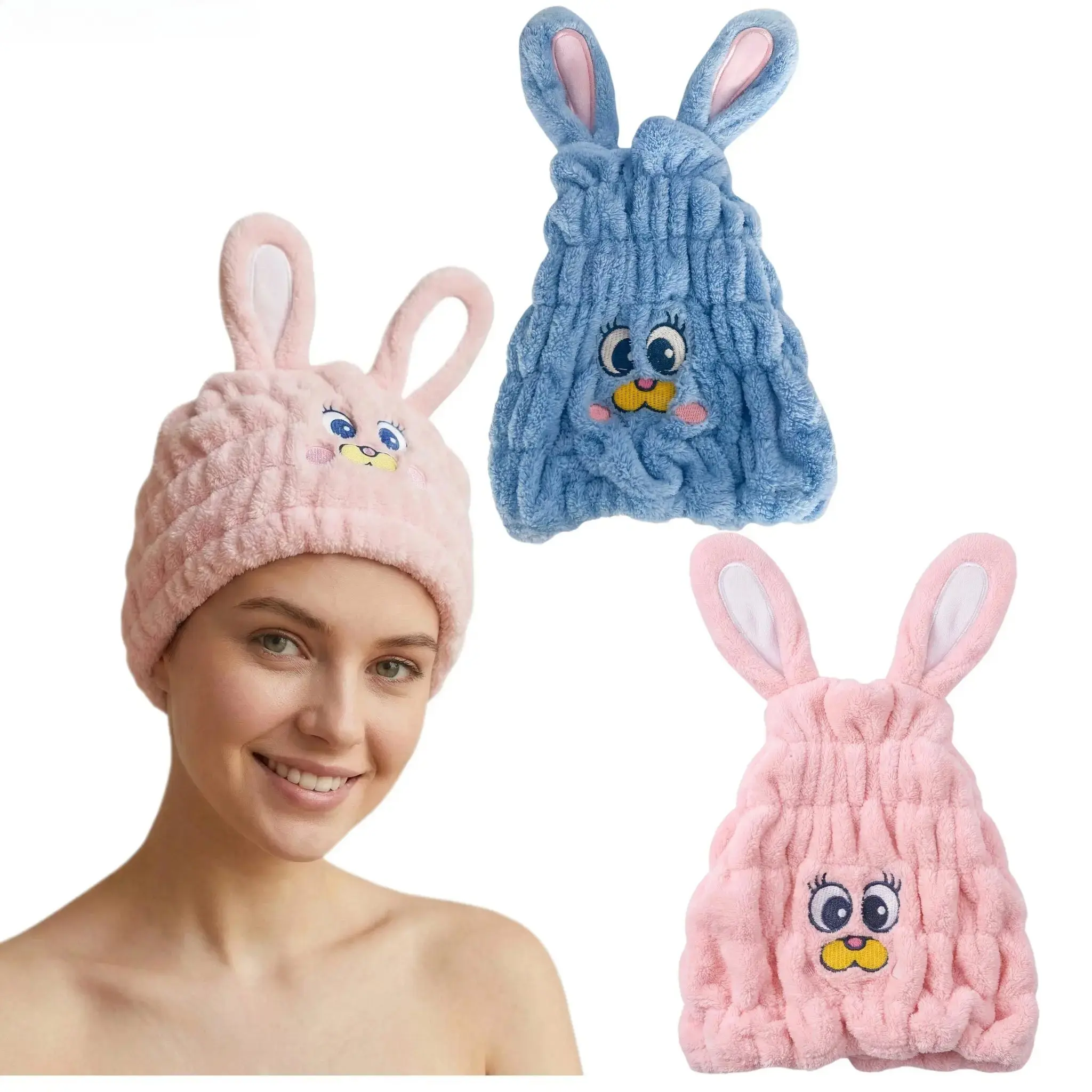 Women's 3PC Microfiber Hair Towel Wraps with Cute Rabbit Ears - Quick-Dry, Water-Absorbent, Super Soft Turban Head Wraps for Hair Drying, Daily Spa, Showering (Sports & Outdoor Personal Care), Female, Hair Wraps