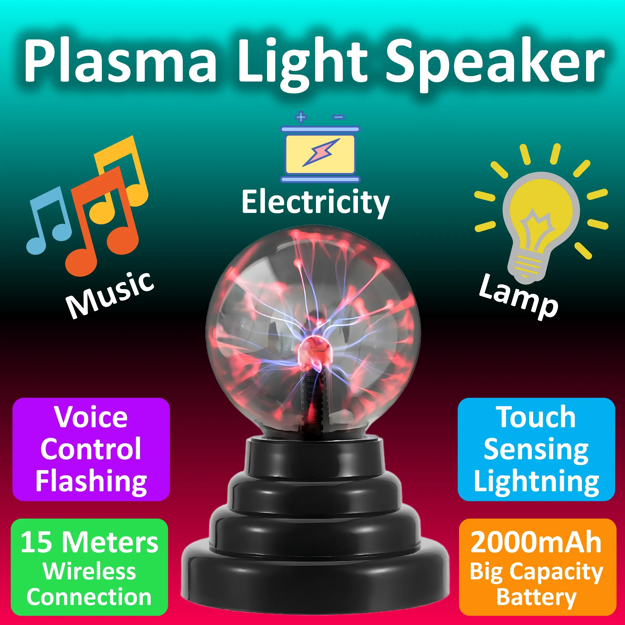Plasma Light Speaker Voice Control Flashing Touch Sensing Lightning, 15 Meters Wireless Connection, 2000mAh High-capacity Lithium Battery, Christmas and Halloween Gift, Home Bedroom Decoration, Science Education, Party and Bar Atmosphere