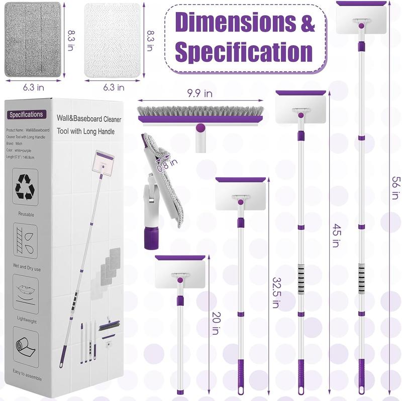 Baseboard Cleaner Tool with Handle, 60" Extendable Long Handle Baseboard Cleaner with 5  Pads for Baseboards Cleaning, Ceiling, Wall, Floor, Bathroom Kitchen