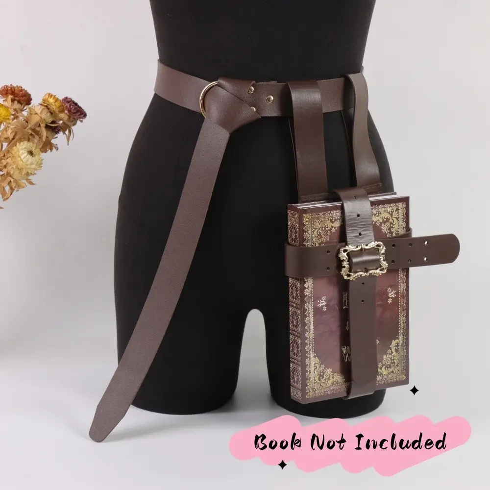 2Pcs Distressed PU Multi-Bind Strap Book Waist Pouch & Adjustable Wide Belt Set, Medieval Mage Wizard Alchemist Cosplay Accessory, Book Not Included