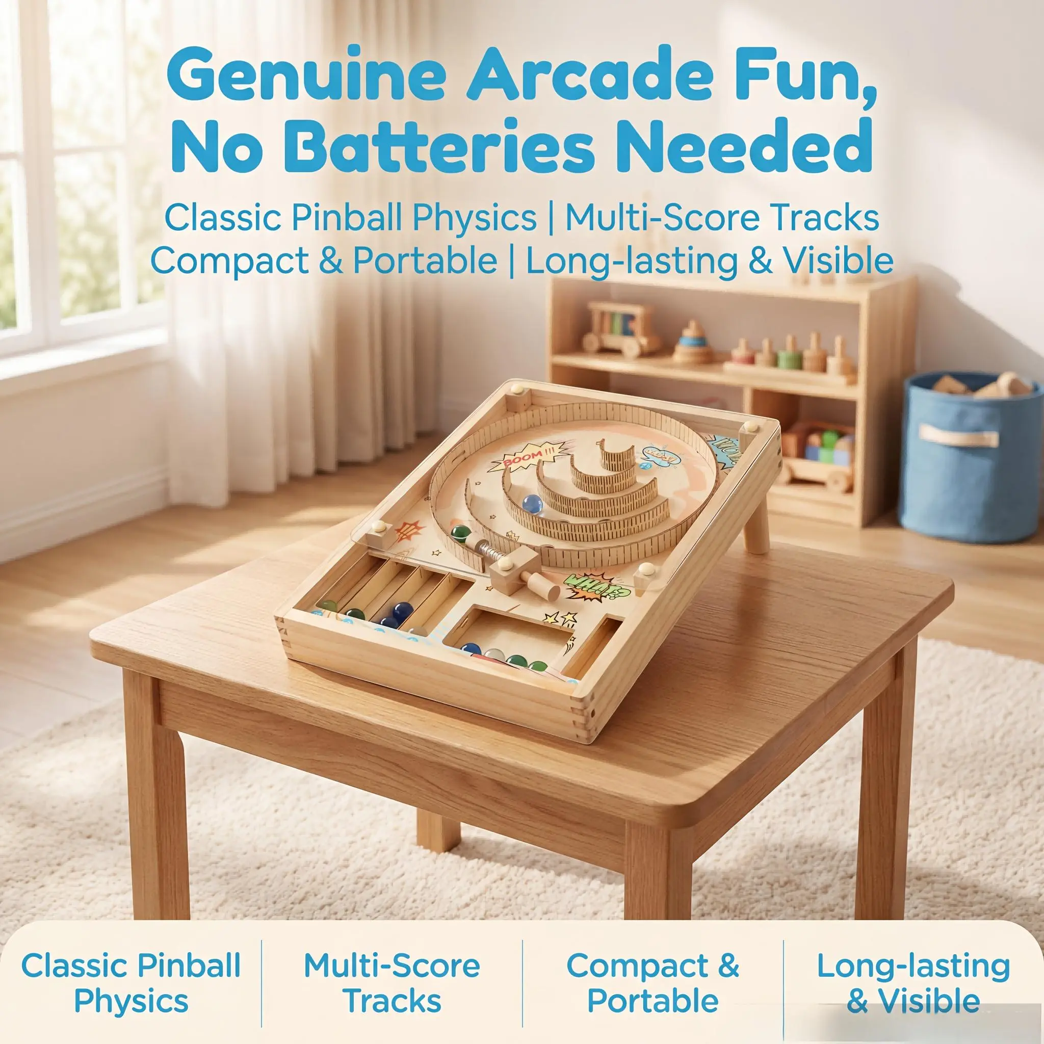 Wooden Pinball Game for Kids, Tabletop Marble Shooting Game with Scoring Zones, Educational Hand-Eye Coordination Toy, Family Party Indoor Game, No Batteries Needed