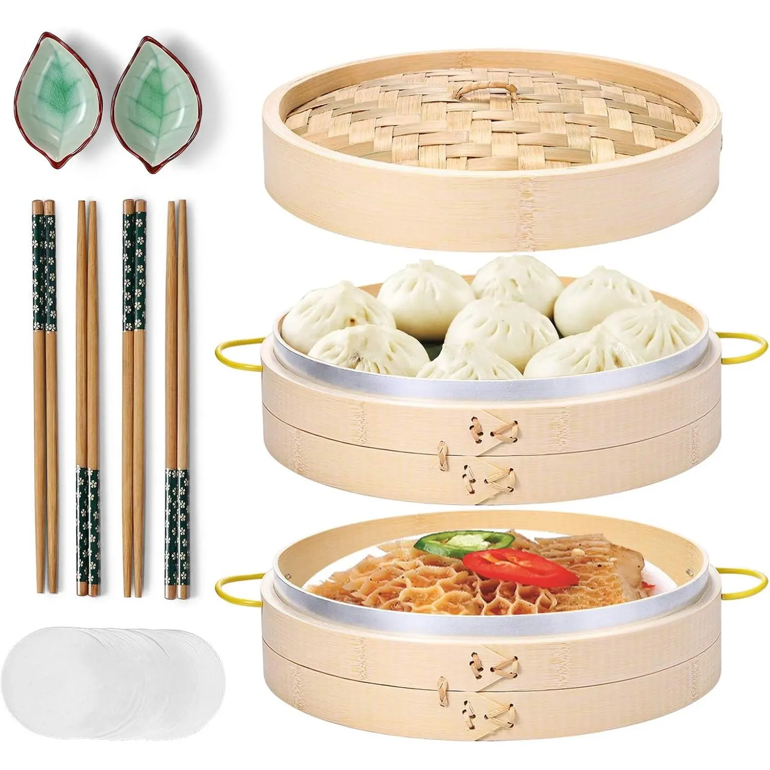 Women's Bra Accessory Natural Bamboo 2-Tier 10-in Steamer Basket Set, with Side Handles, Chopsticks, Ceramic Sauce Dishes, Paper Liners for Dim Sum, Dumplings, Two Tier