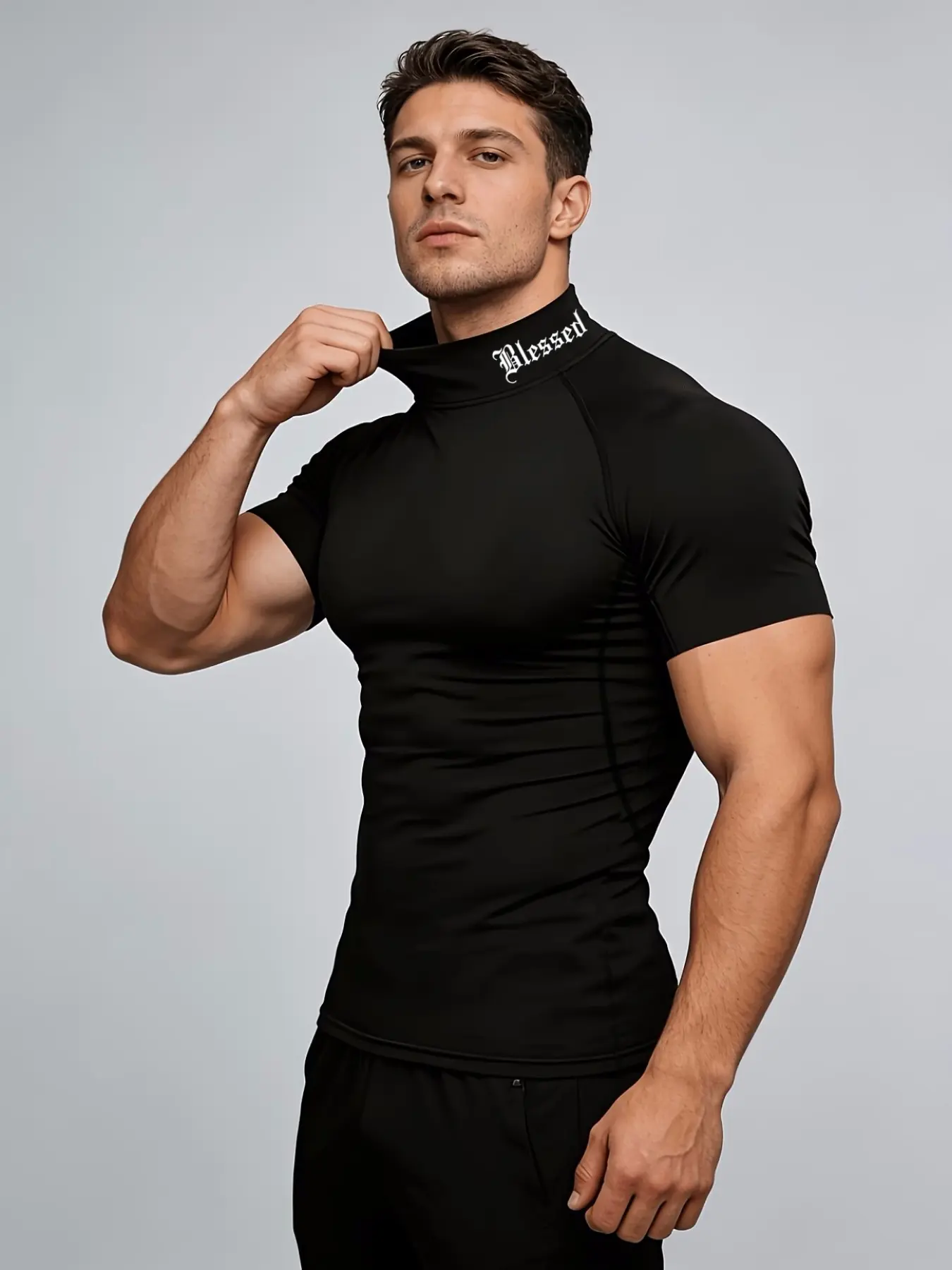 Men's Compression Shirt Black Tight Fit Short Sleeve Muscle Tee High Elasticity Quick Dry Mock Neck Base Layer Blessed Graphic Moisture Wicking Activewear for Gym Fitness Running Sports.