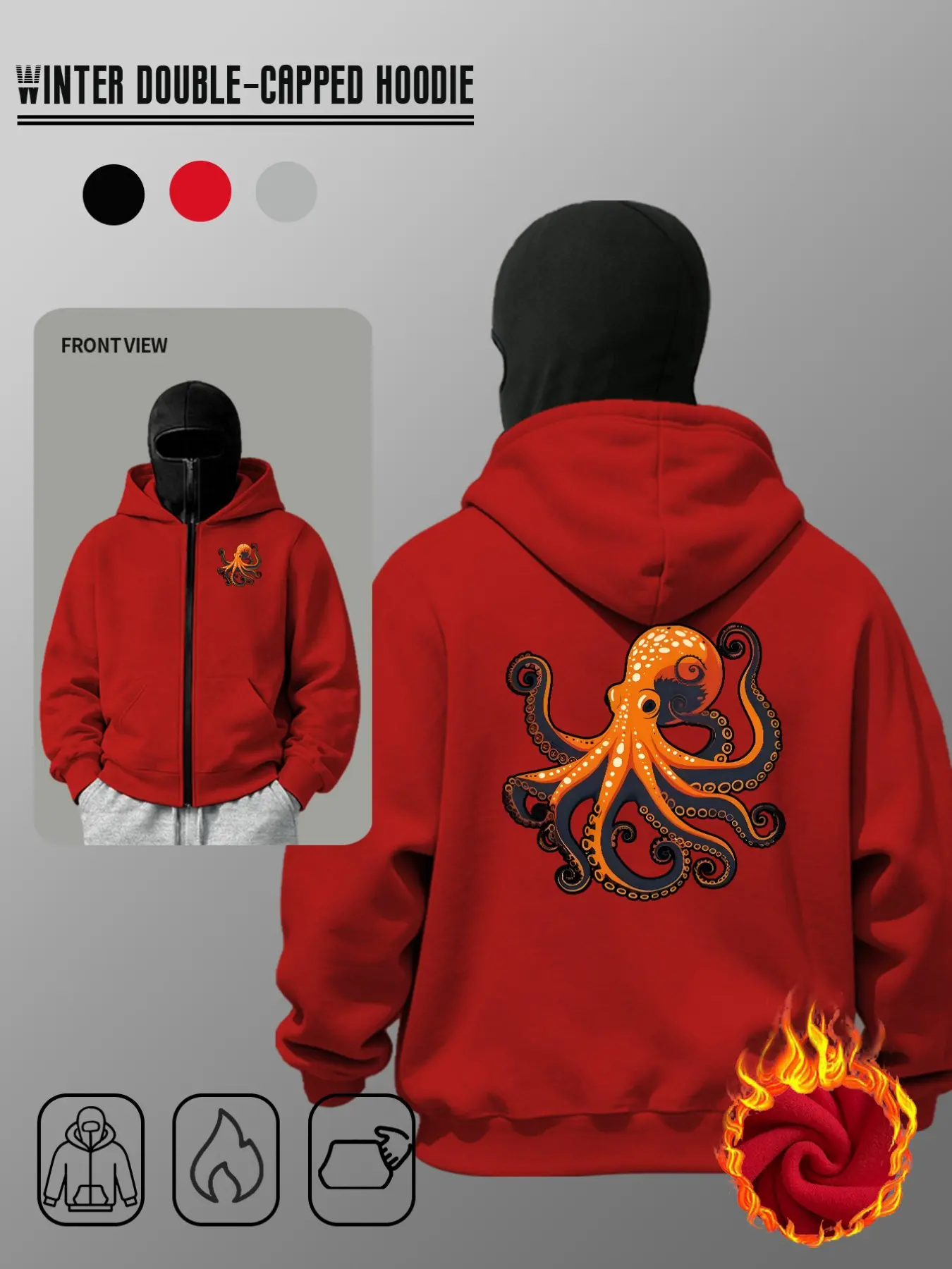 Trendy Male Hooded Sweatshirt with Octopus Tentacle Back Design and Fire Icon, Casual Slim Fit for Fall Winter, Oceanic Streetwear Style