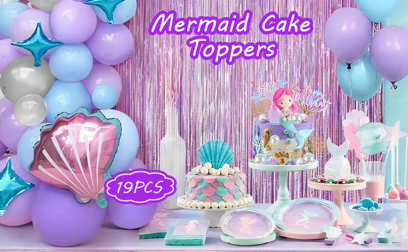 XY-SO25 Mermaid Cake Toppers with 3D Mermaid Shell Starfish Fishtail Balls for Kids Girls Birthday Party Baby Shower Supplies (Style1) Set Ornaments