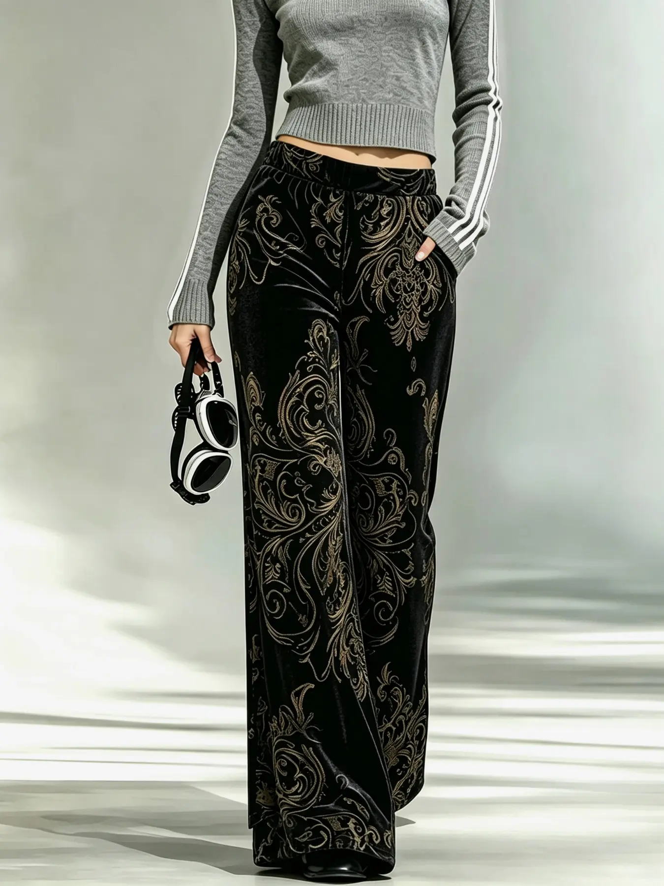 Women's Vintage Baroque Style Gold Print Velvet Wide Leg Pants, High Waist Flowy Floor-Length Trousers, Elegant Fashion Bottoms