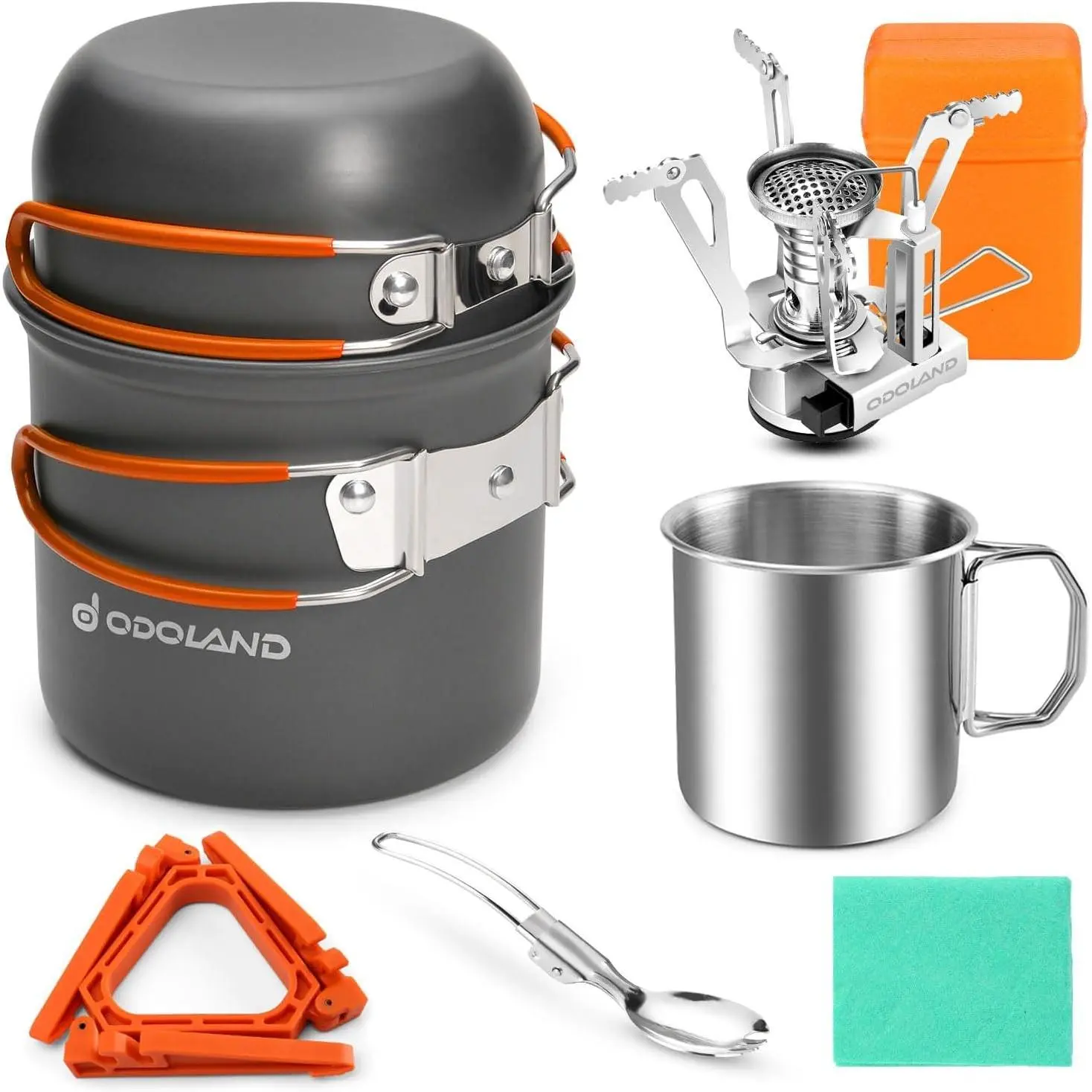 Unisex 8-Pieces Foldable Aluminum Compact Camping Cookware Mess Kit - Camping Pot and Pan Set with Mini Backpacking Stove, Stainless Steel Cup, Spork, Tank Bracket, Outdoor Hiking Cooking Gear