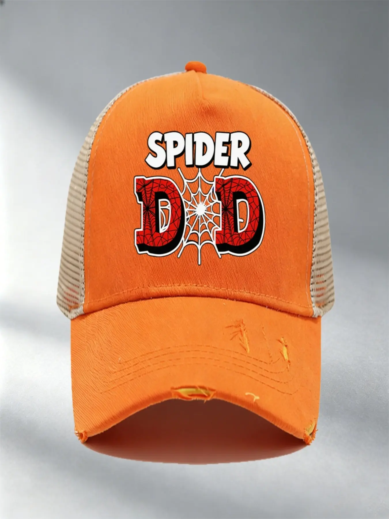 Spider Web Graphic Trucker Hat, Breathable Mesh Distressed Baseball Cap, Adjustable Snapback Hat, Cool Spider Themed Cap for Men