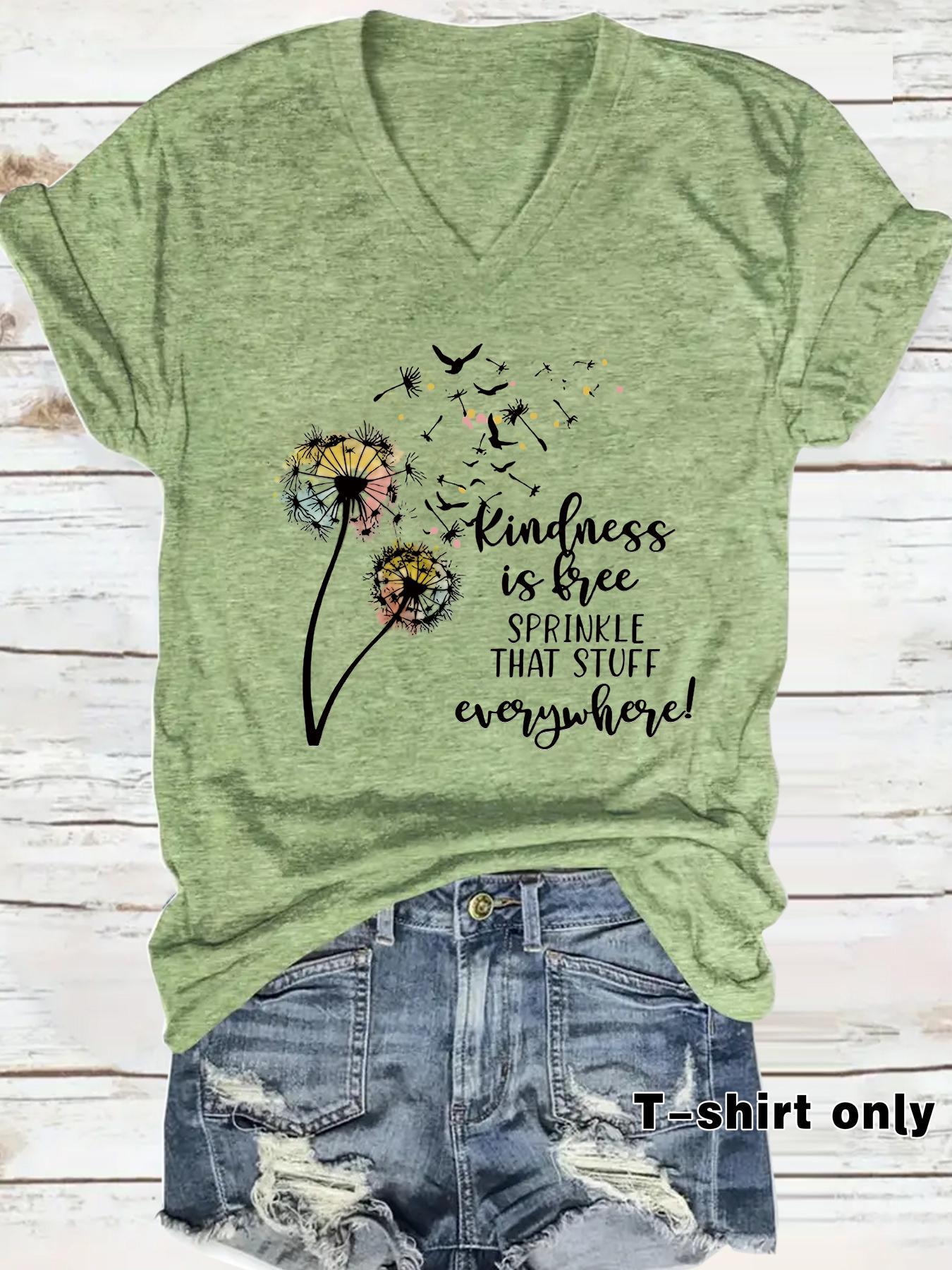 Women's Dandelion & Letter Print V Neck Tee, Casual Short Sleeve T-shirt for Summer, Ladies Clothes for Daily Wear, Top, Womenswear