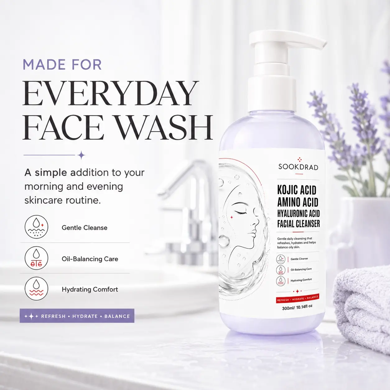 Facial Cleanser, Kojic Acid, Amino Acid, Hyaluronic Acid, gentle daily cleansing, oil balancing, hydrating comfort, for oily skin, facial use, 300ml/10.14fl oz