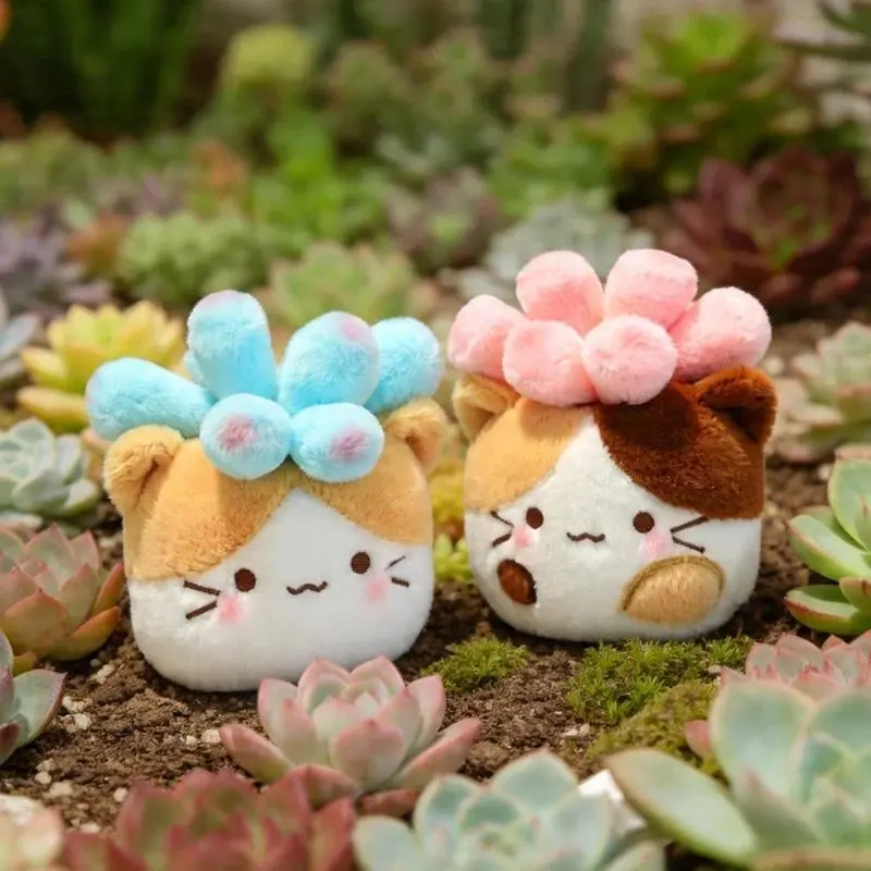 Adorable Pet Cat Succulent Plush Toy Cute Soft Plant Kitty Doll Fluffy Fake Succulent Plushie for Home Office Desk Decor