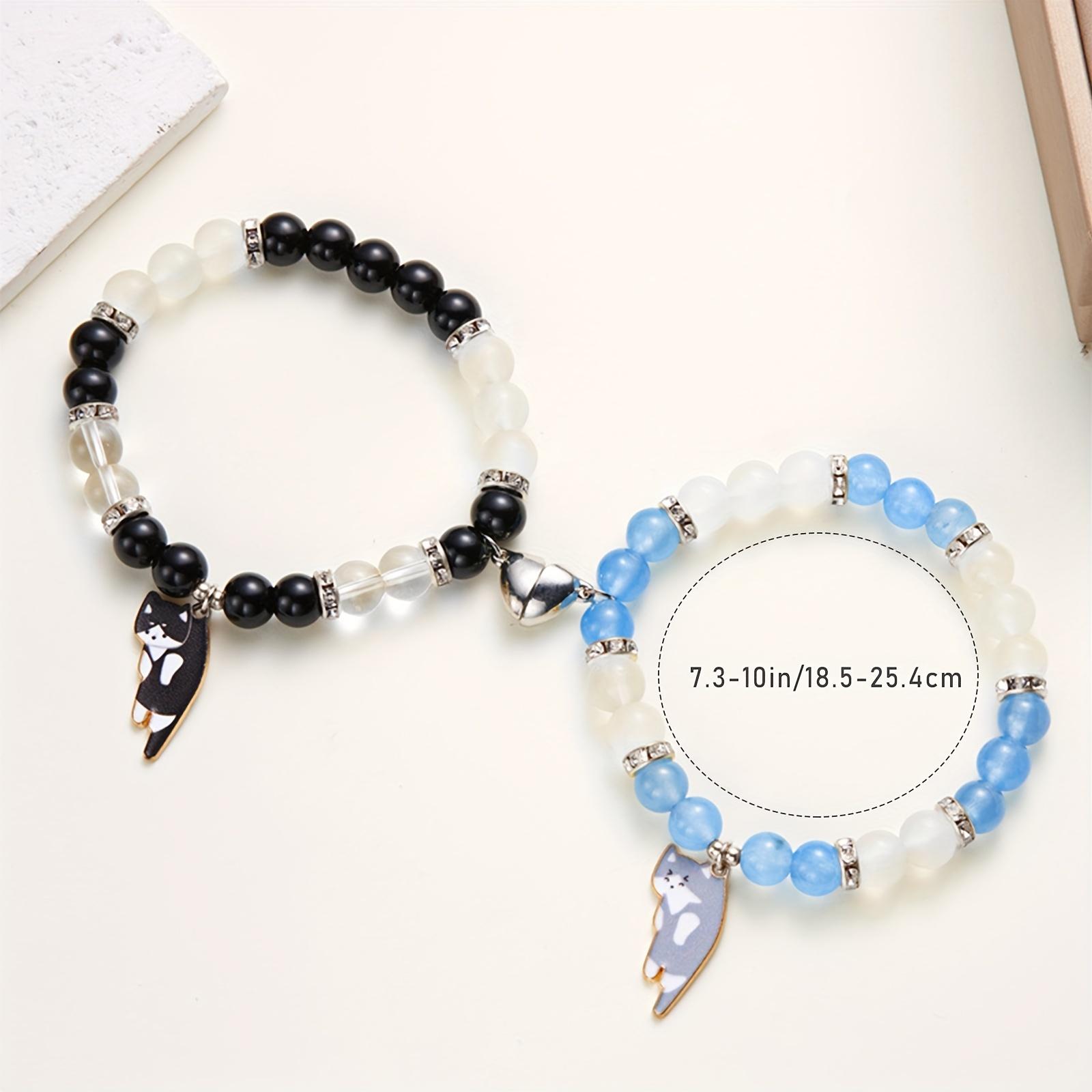 2pcs Magnetic Couple Bracelets with Cat Charms, Romance Style, Matching Friendship Bracelet Set with Heart Pendant, Creative Gift for Cat Lovers