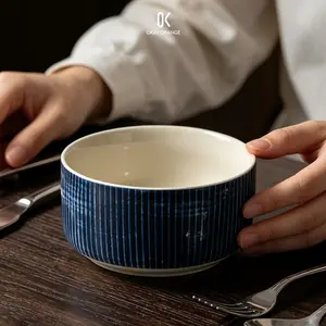 Japanese Retro Ceramic Bowl Vintage Blue Striped Porcelain Soup Salad Bowl, Minimalist Aesthetic Cereal Rice Bowl Microwave Dishwasher Safe