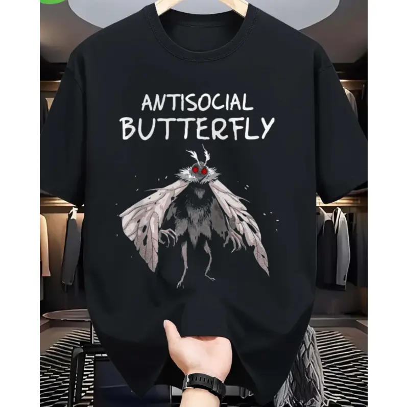 Women's Unisex Loose Fit Round Neck Short-Sleeve 100% Cotton Fabric Graphic T-Shirt - Antisocial Butterfly Moth Dark Creature Art Print, Soft Breathable Casual Streetwear Top for Summer Vibes, Shortsleeve, Graphic Print