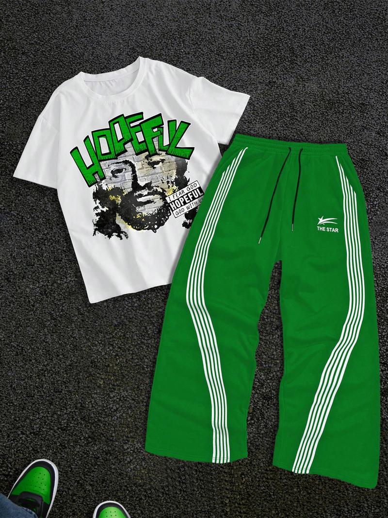 Men's Letter Print Short Sleeve Graphic Tee & Side Stripe Drawstring Waist Pants Two-piece Set, Regular Fit Round Neck T-shirt & Pocket Trousers, Casual Fashion Cozy Breathable Men Outfits for Spring & Fall