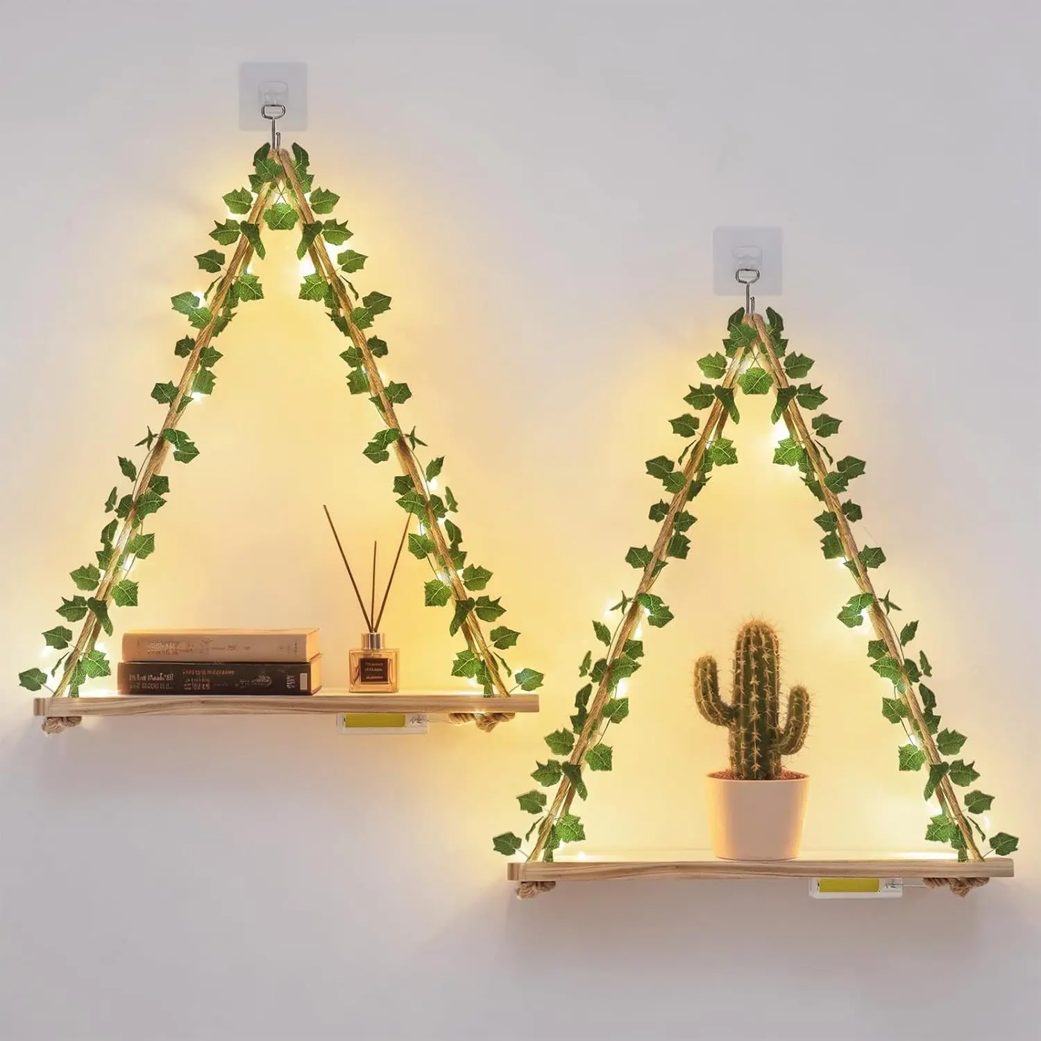 RICHER HOUSE No Drill Hanging Floating Shelves, 2 Set Boho Macrame Plant Wall Shelf with Artificial Ivy & LED Lights, Aesthetic Wall Art Decor, Two-Way Install for Bedroom Dorm