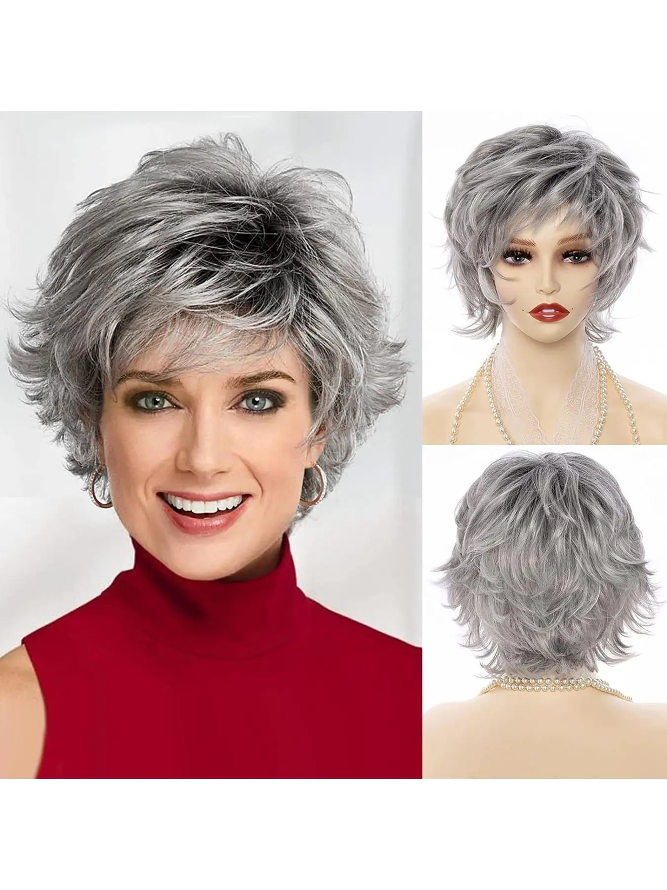 High Quality Synthetic Lace Front Headpiece for Elderly Women Natural Silver Gray Curly Hair Voluminous Light Weight Breathable Comfortable Trendy Casual Street Style Everyday Wear