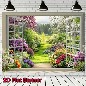 Vibrant Spring Garden Window Backdrop, Lush Floral Scenery Wall Tapestry, Nature Landscape Banner for Room Decor, Spring Photo Background