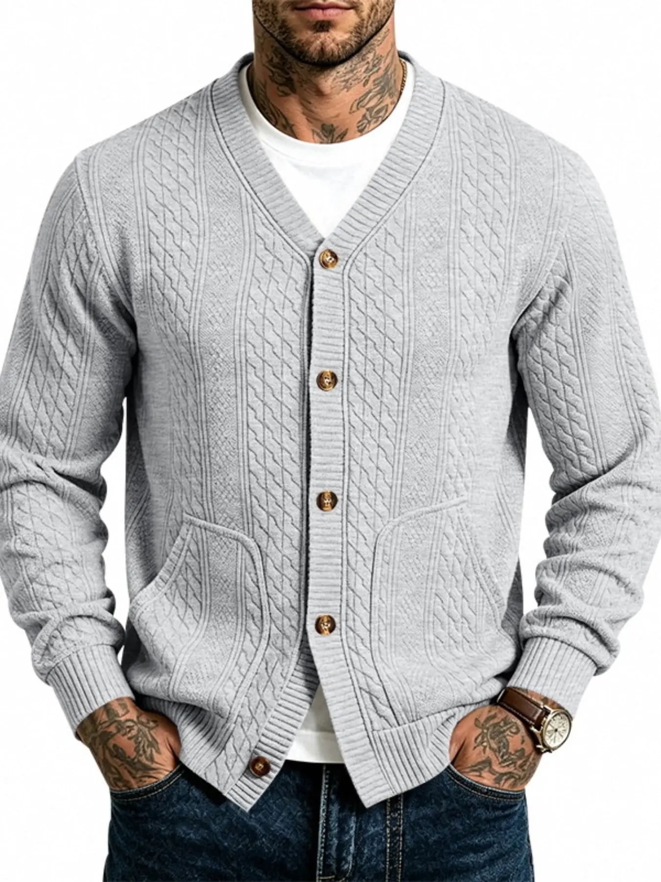 Men's Cable Knit Cardigan Sweater, V‑Neck Button Down Long Sleeve Knitted Jacket With Pockets, Casual Soft Warm Knit Outerwear For Daily Autumn Winter Wear, Multiple Colors