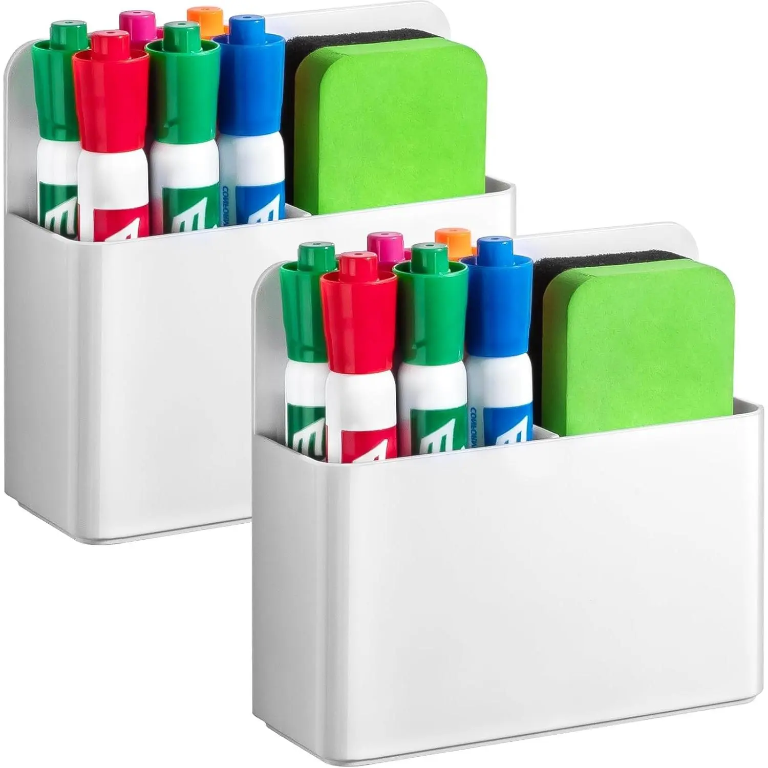 2-Piece Magnetic Dry Erase Marker Holder Set, Plastic Magnet Organizer for Whiteboard Refrigerator, School Classroom Locker Accessories - White, Two Piece Set