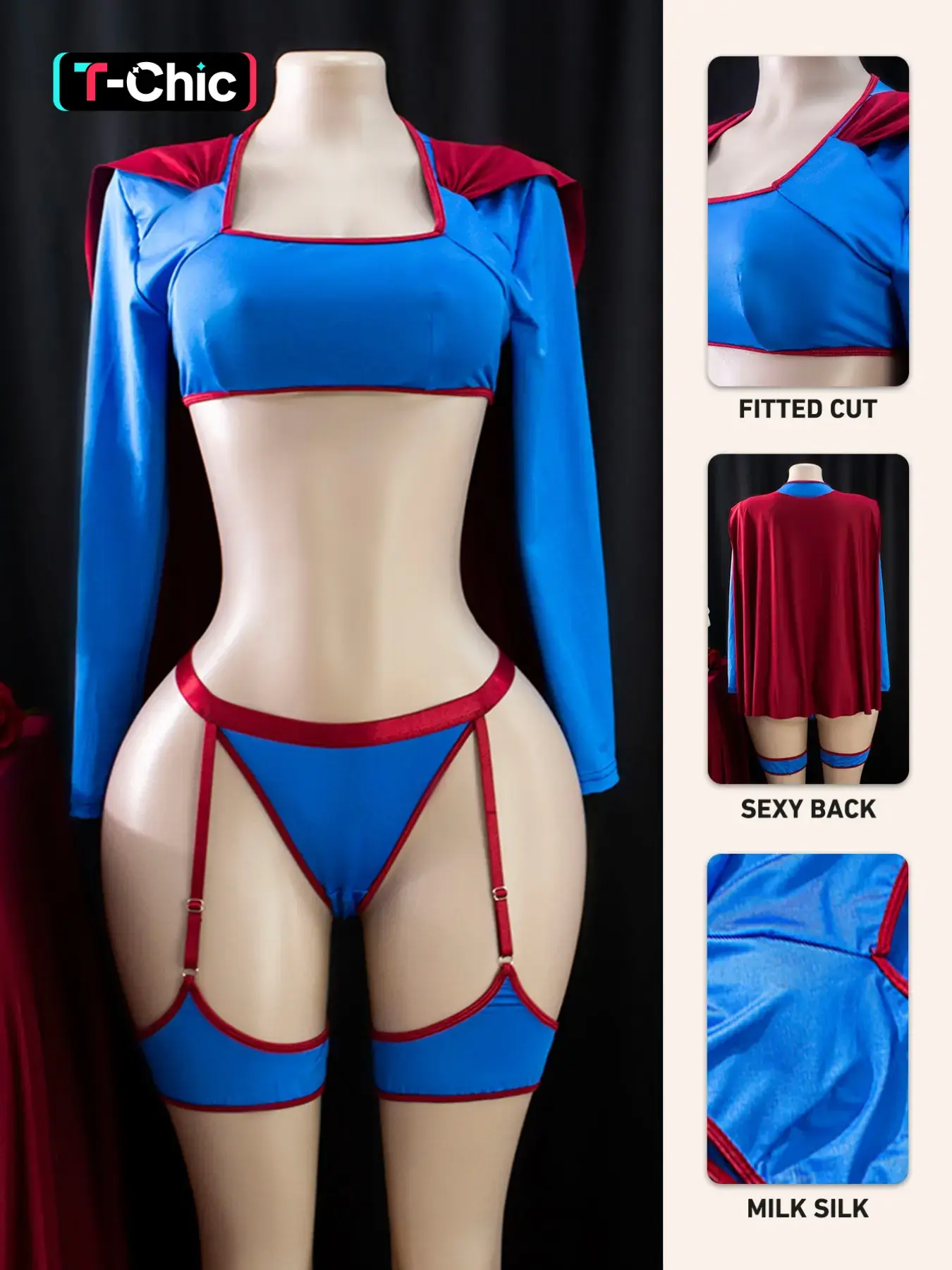 Women's Superman Cosplay Underwear Costume Set (long Sleeve Bra Top + Thong Panties + Cape), Silk Fabric, Soft, Fit, Stretchy and Comfortable, Perfect for Parties