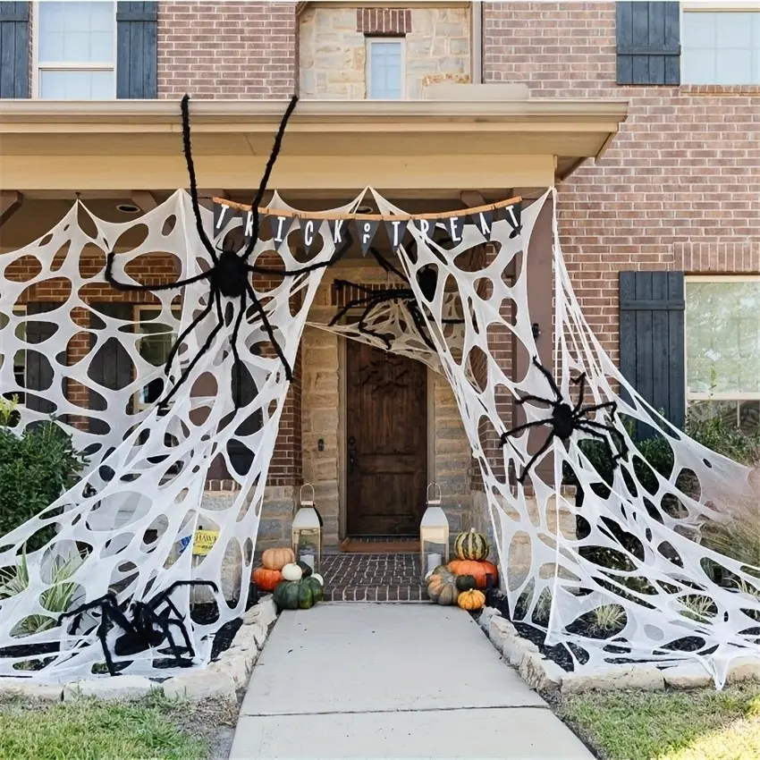 Halloween Spider Web Decoration Set, Mesh Giant Spider Web, Dark Horror Style, Outdoor Lawn Decor, Party Atmosphere Enhancer