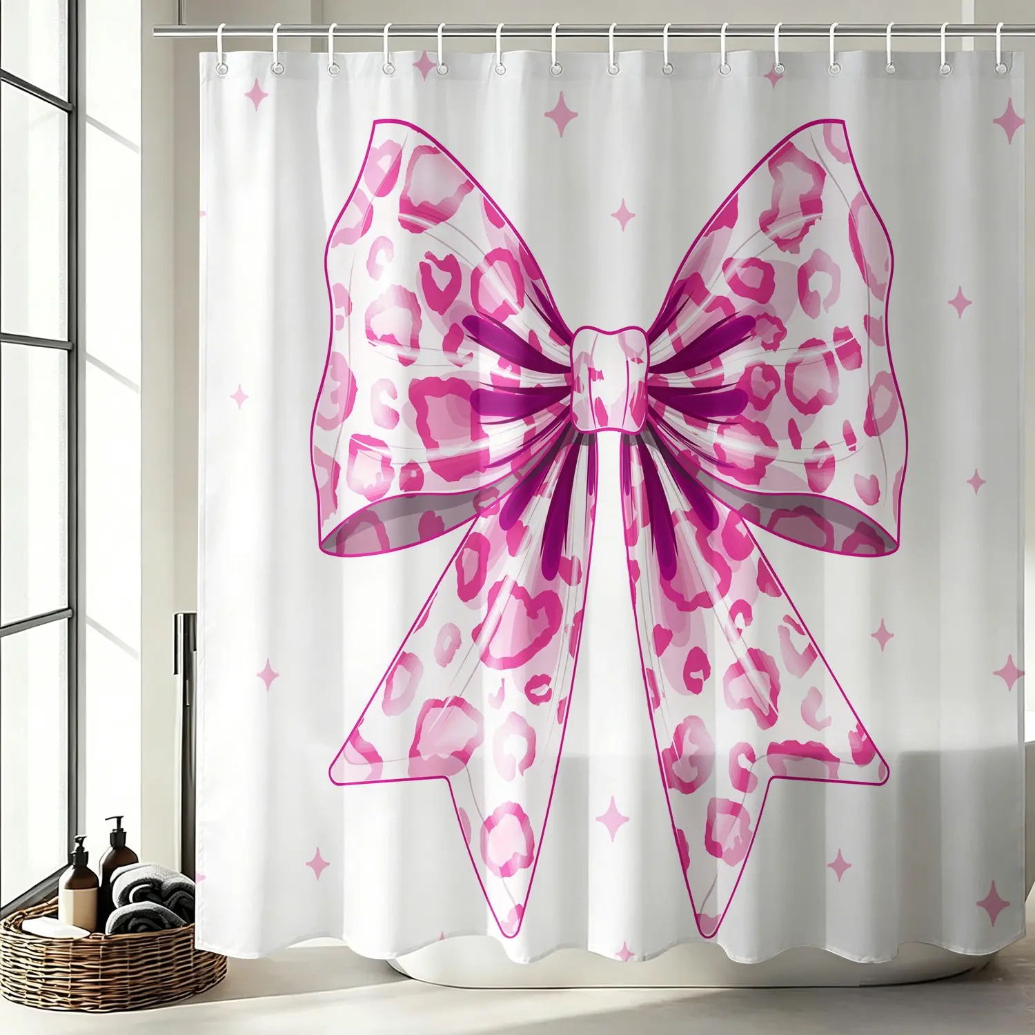 1Pc Pink Leopard Print Bow Shower Curtain, Hot Pink Coquette Sparkle Girly Aesthetic Bathroom Decor, Waterproof Fabric Bath Curtain with Hooks, Quick Dry Machine Washable Cute Fabric Bath Accessory