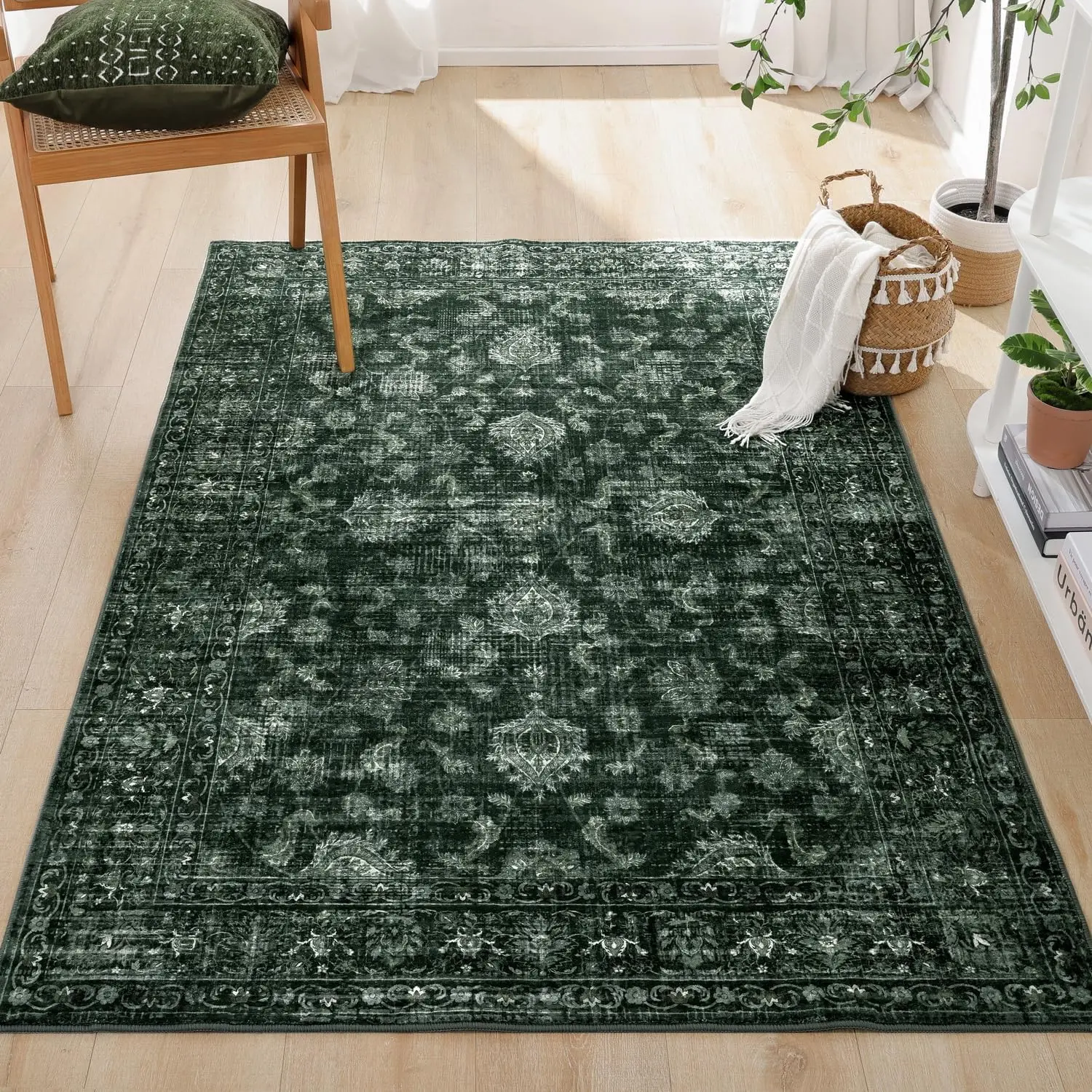 Boho Green Area Rug 3x5 Washable  Rug for Bedroom Kitchen Dining Room, Non Slip Distressed Entryway Rugs for  Office Decor Green