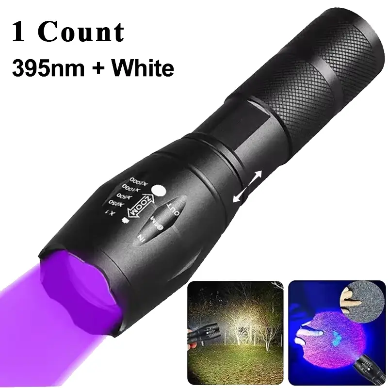 Two-In-One Purple and White Dual Light Portable Flashlight, Zoomable 395nm UV Torch, Detection Lamp, Pet Stain Detector, Fluorescent Agent Finder, Scorpion Hunting