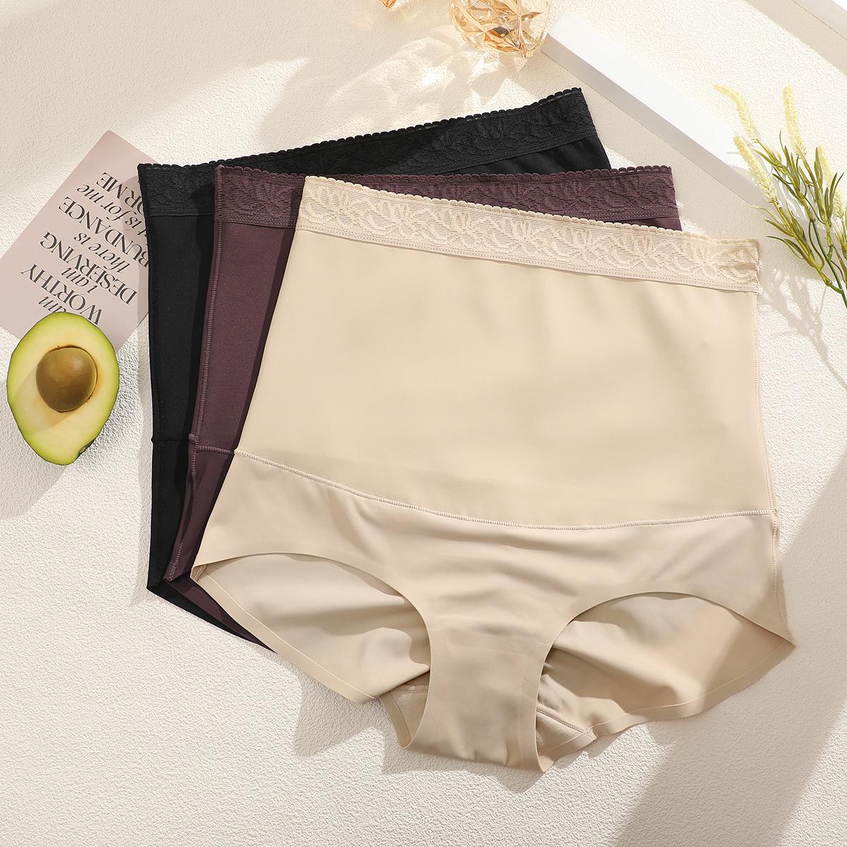 FINETOO Unite Store 3PCS High Waisted Underwear for Women Tummy Control Underwear Lace Waistband Design Soft Nylon Stretchy No Show S-3XL Womenswear