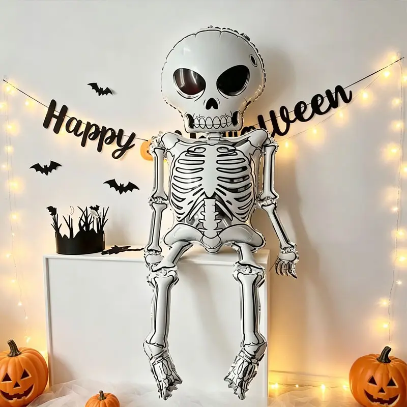 3pcs Halloween Skull Aluminum Foil Balloons, Two options available: Skeleton Man、Flower Skull Man，Ideal for Halloween parties, Day of the Dead altars, Mexican folk celebrations, haunted house decorations, Halloween market displays