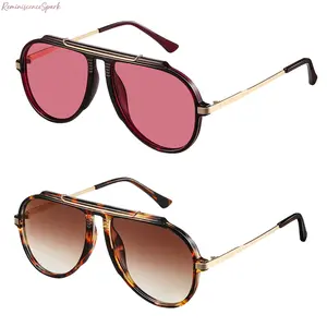 2 Pack Women's Retro Aviator Sunglasses, Large Metal Frame with Plastic Accents, Full UV400 Sun Protection, Classic 70s Vintage Style Eyewear, Fashion Accessories for Summer Outings, Street Wear & Daily Casual Use