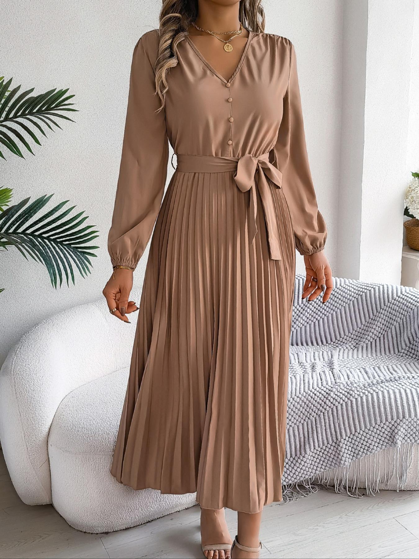 Women's Plain Fake Buttons Belted Pleated Dress, Elegant Chic Bishop Long Sleeve V Neck A Line Dress for Party Wedding Guest, Dresses for Women, Ladies Clothes for Spring & Fall, Birthday Dresses, Womenswear