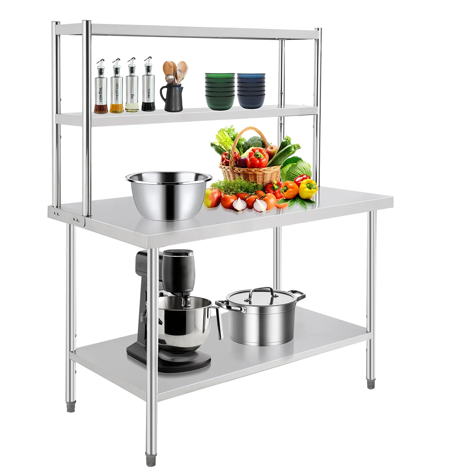 48x30 Inch and 72x30 Inch Stainless Steel Work Table with Overshelf, 67 Inches Tall, Commercial Prep Station
