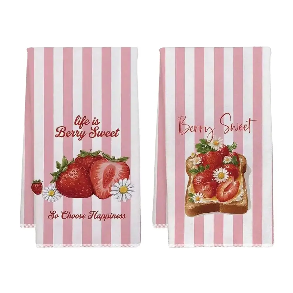 2pcs Kitchen Towels, Pink Striped Strawberry Cute Illustration Print, Watercolor Kitchen Towels, Dish Cloths, Hand Towels, Kitchen Decor, Housewarming Gift