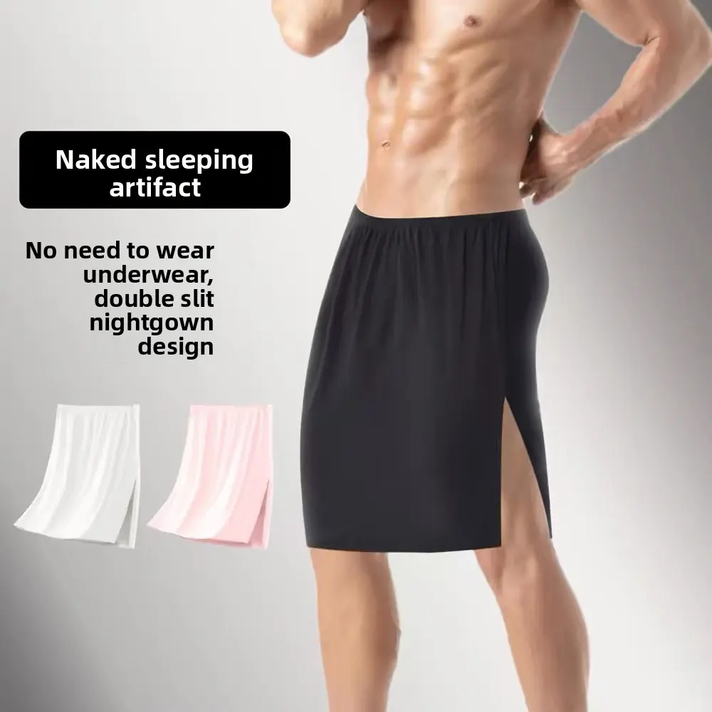 Men's Open-Crotch Nightshirt – Double Side-Slit Half-Body Sleepwear, Breathable Modal Comfort for Naked Sleep
